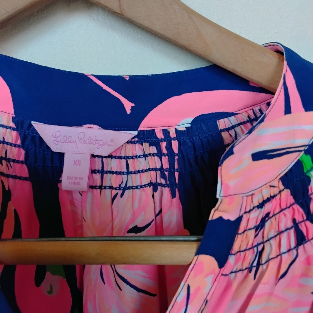 Lilly Pulitzer Flamingo-Print Navy and Pink Women's Blouse - Picture 2 of 5